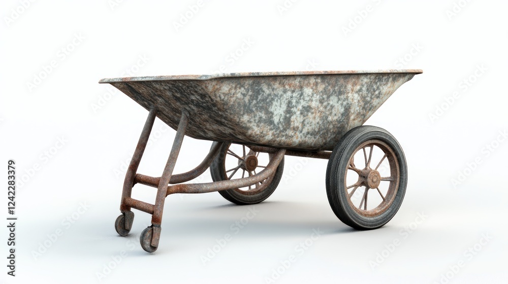 Rusty wheelbarrow on white, construction site background, industrial tool