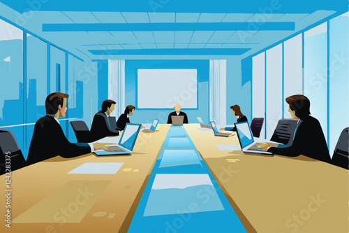 A modern corporate boardroom; serious executives in suits are engaged in a focused discussion around a large mahogany table.