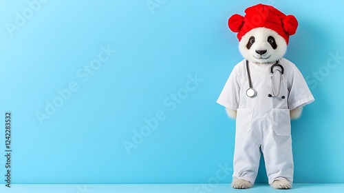 Adorable panda character dressed up as a doctor or nurse wearing a stethoscope and set against a soft pastel colored background for a whimsical childlike and caring healthcare theme photo