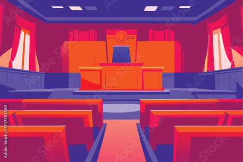 A meticulously detailed courtroom interior;  wooden benches, ornate woodwork, a single judge presiding.  Focus on the architectural details and the judge's presence.