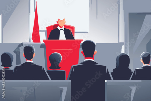 Generate a photorealistic image of a tense courtroom scene a stern judge, opposing lawyers arguing, and a focused jury observing the proceedings.