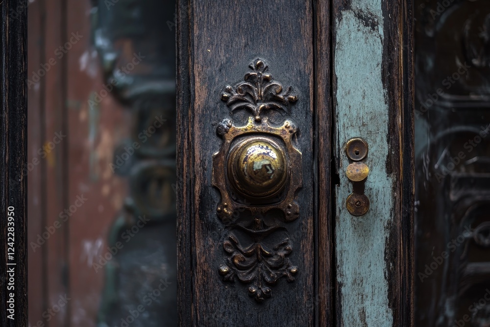 Antique brass door knocker, ornate wood door, city backdrop, vintage detail Antique brass door knocker, ornate wood door, city backdrop, vintage detail