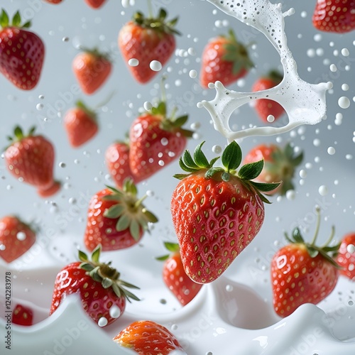 The image depicts a dreamlike scene with ripe strawberries suspended in mid-air, surrounded by milk splashes. The high-speed photography captures the delicate textures and highlights of the strawberri photo