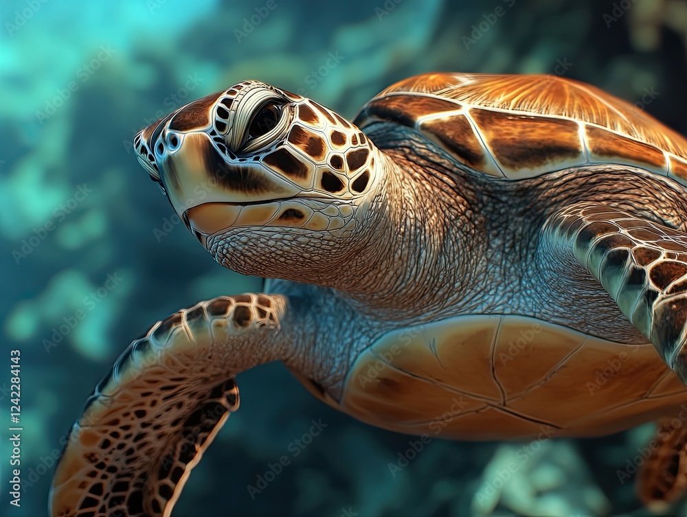 Fototapeta premium Graceful sea turtle swimming peacefully in the clear turquoise ocean water