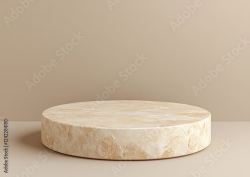Beige marble round pedestal on beige background.