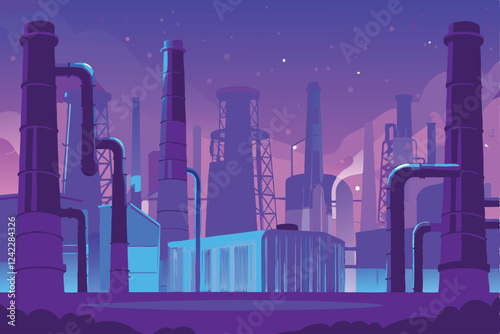 A sprawling cyberpunk metropolis, drenched in vibrant neon lights, showcasing futuristic industrial architecture and flying vehicles.