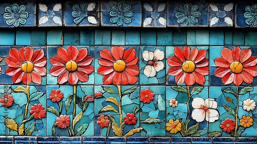 Colorful floral tile mural featuring vibrant red and white flowers against a blue background