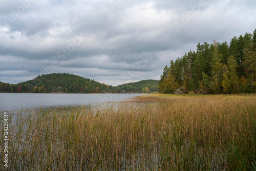 View from the shore of Lake Ladoga near the village of Lumivaara on a sunny autumn day, Ladoga skerries, Lahdenpohya, Republic of Karelia, Russia photo