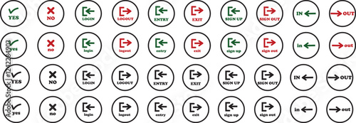 Login and logout icon set Set of sign out, Sign in vector vector collection. Open and close door symbol. Black in, out, exit and enter arrow, trendy flat style isolated on transparent background.