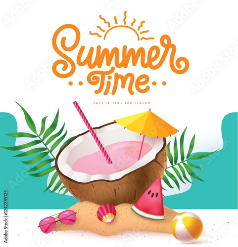 Summer time clipart poster design. Summer time text with tropical fruit elements like coconut juice clip art for holiday vacation beach island background vector illustration.
