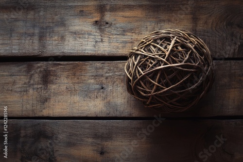 Woven sphere on rustic wood background photo