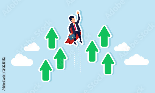 Super businessman flies through the sky alongside several arrows, illustration of company performance growth in finance and business due to leader's discipline