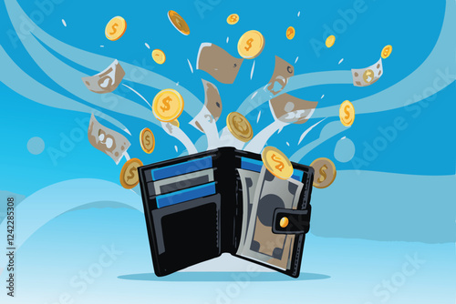 A futuristic digital wallet overflowing with realistically rendered coins and banknotes, levitating amidst a vibrant, glowing digital interface.