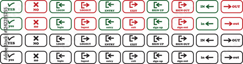 Login and logout icon set Set of sign out, Sign in vector vector collection. Open and close door symbol. Black in, out, exit and enter arrow, trendy flat style isolated on transparent background.