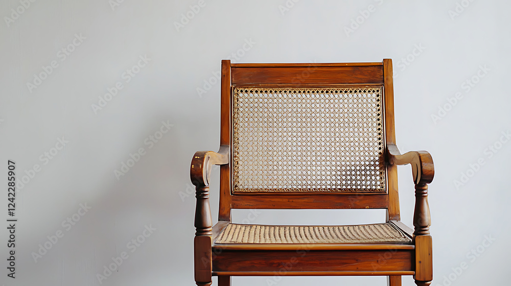 Fototapeta premium A wooden chair with a woven seat cushion sits in front of a white wall
