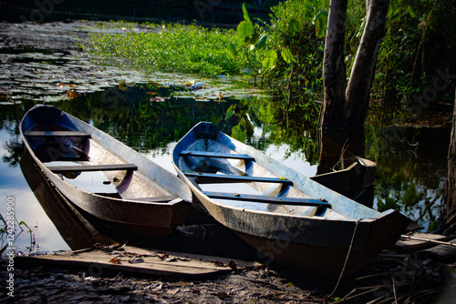 Two small wooden canoes resting side by side on the edge of a river, surrounded by aquatic plants and calm water reflecting the Amazon rainforest.