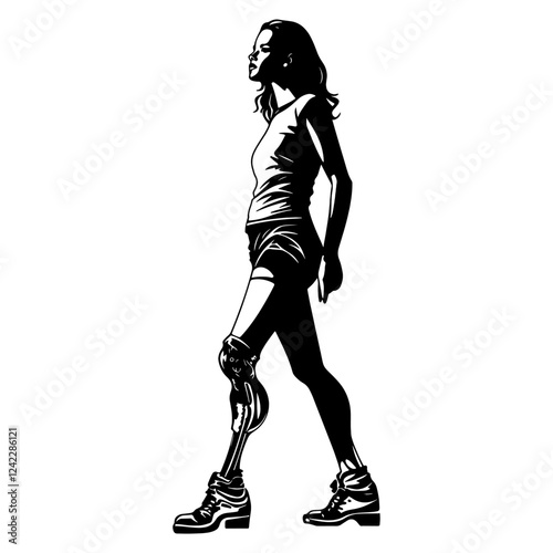 A woman with a prosthetic leg linear art illustration silhouette vector