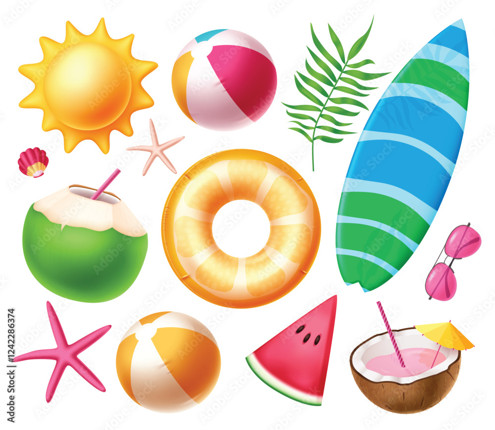Fototapeta premium Summer beach elements icon clipart set. Summer tropical element clip art collection with colorful objects like surfboard, floaters, coconut juice and sun graphic symbol vector illustration. 