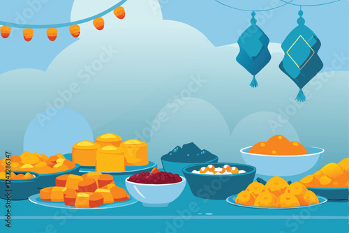 A lavishly decorated Eid table overflowing with traditional Middle Eastern dishes, including biryani, kebabs, sweets, and fruits.  Focus on vibrant colors and textures.