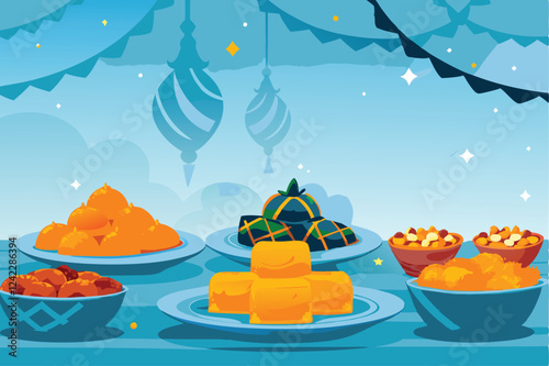 A richly decorated table overflowing with traditional Eid delicacies like biryani, kebabs, sweets, and fruits, showcasing a vibrant and festive celebration.