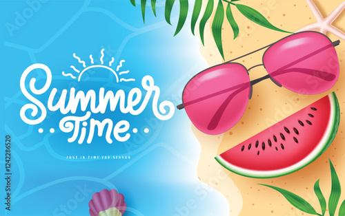 Summer time clipart design. Summer time text with sunglasses and watermelon tropical elements clip art for holiday outdoor travel vacation vector illustration.
