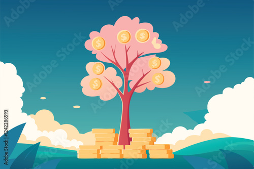 Illustrate a thriving financial growth concept a money tree flourishing, roots deeply embedded, leaves representing profits, showcasing upward growth and financial prosperity.