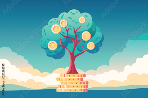 Illustrate financial growth as a thriving tree, roots deeply embedded, reaching for sunlight, symbolizing investment and return.