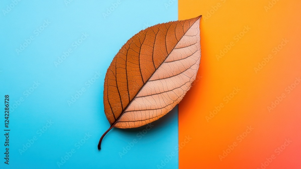 Single brown autumn leaf on blue and orange background. Single brown autumn leaf on blue and orange background.