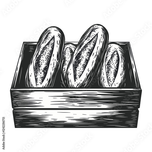 Simple three baguettes in the wooden box linear illustration art jacuzzi vector