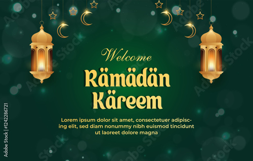 welcome ramadan template banner with islamic ornament and green background design 16