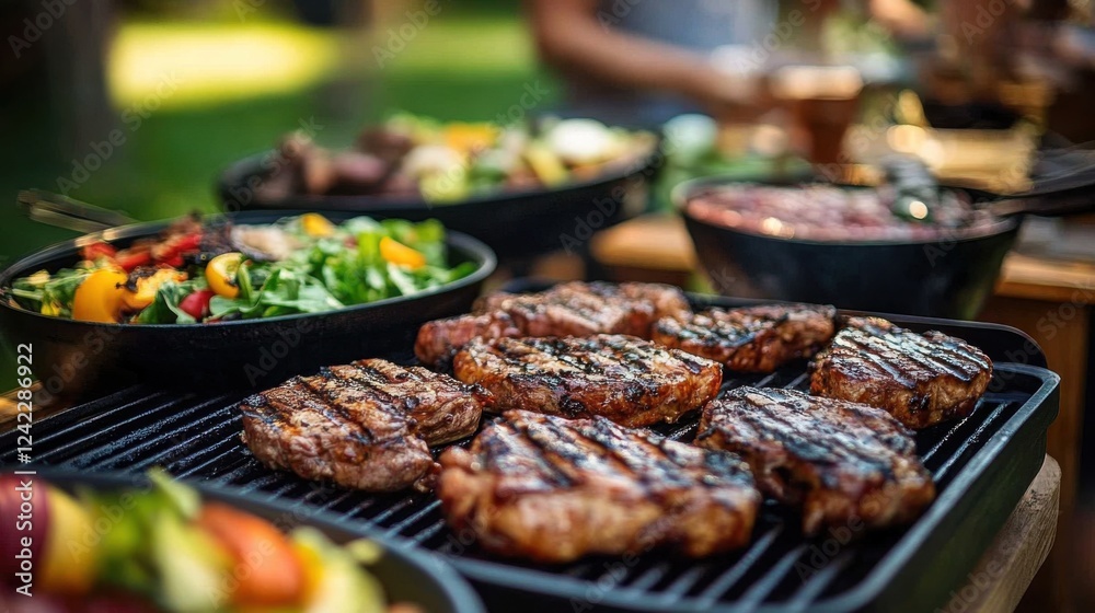 Grilled meat and fresh salads on an outdoor dinner table- people enjoying a BBQ.