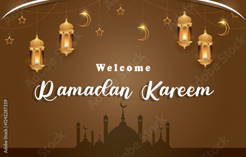 welcome ramadan template banner with islamic ornament and brown background design 11