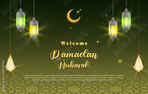 welcome ramadan template banner with islamic ornament and green background design 14