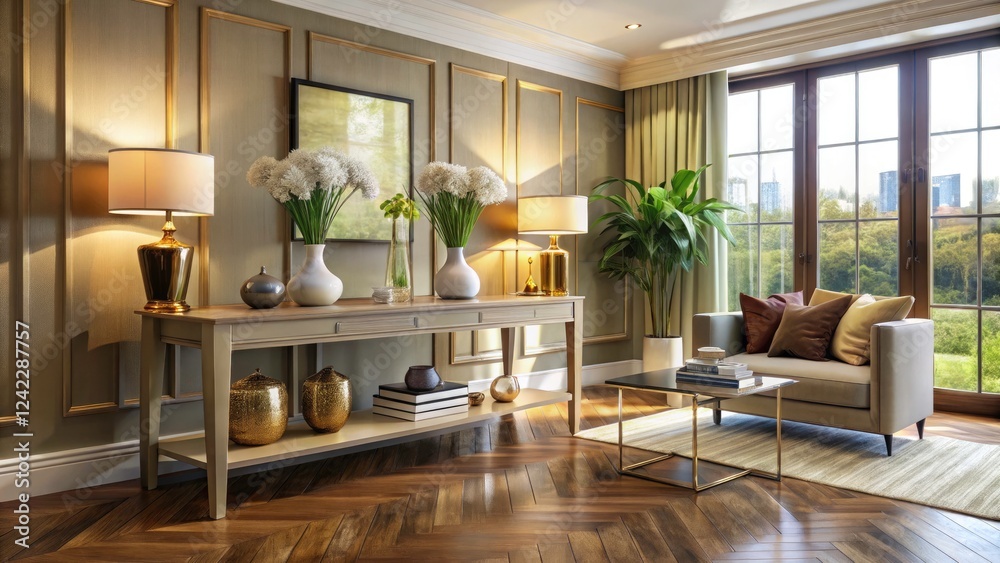Fototapeta premium Elegant Console Table in Contemporary Living Room Setting with Stylish Decor and Soft Natural Lighting