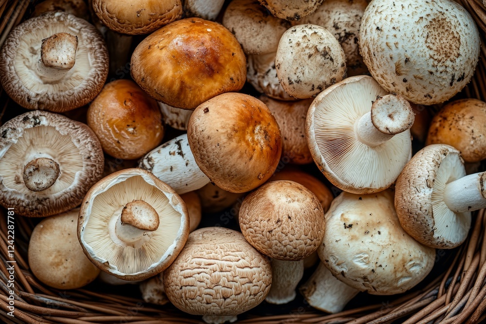 Autumn harvest basket diverse mushrooms, earthy tones, rustic background, food blog Autumn harvest basket diverse mushrooms, earthy tones, rustic background, food blog