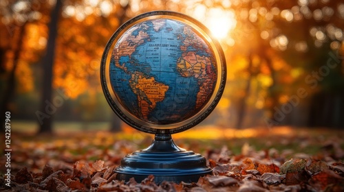 Globe stands in autumn leaves, sunlight filters through trees, map education use photo