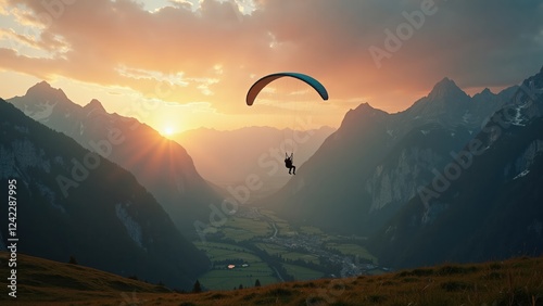 A paraglider soars over a stunning mountainous landscape at sunset, with the sun casting a warm glow across the sky and snow-capped peaks in the distance