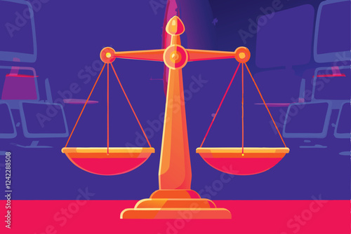 A futuristic courtroom scene glowing scales of justice, digital interface, holographic evidence, robotic bailiff.