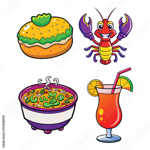 Cartoon Illustration of Louisiana Cuisine: Gumbo, King Cake, Crawfish, and a Cocktail