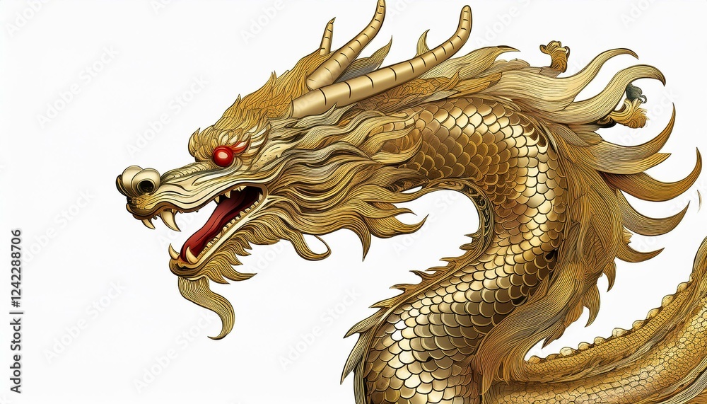 Fototapeta premium Golden dragon statue. Gold dragon ,Chinese zodiac, isolated white background.
