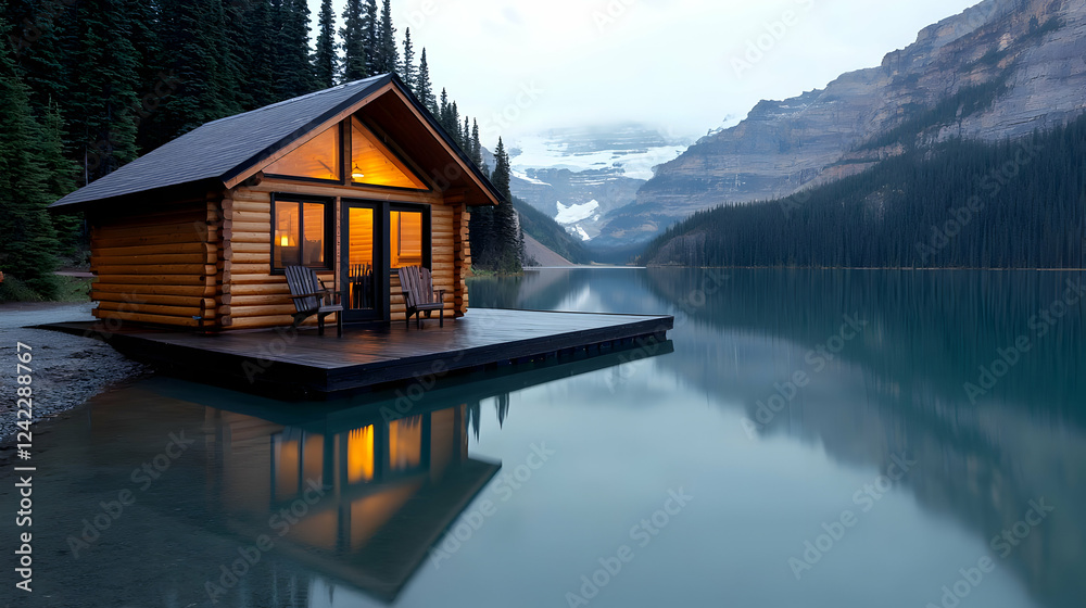 Fototapeta premium Lakeside cabin at dusk, mountains backdrop, tranquil scene, travel getaway