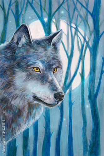 Wolf in the night forest and the full moon photo