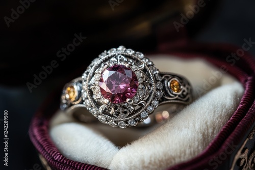 Pink gemstone ring in antique box, dark background, jewelry advertising photo