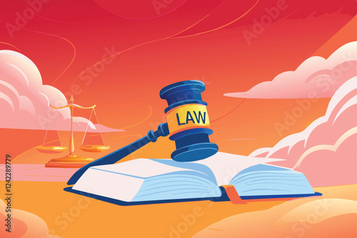 A gavel rests on an open law book, signifying justice, law, order, and legal proceedings.  The scene is subtly lit, emphasizing the weight of legal decisions.