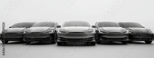row of gray cars with different logos on white background, showcasing neat lineup that emphasizes unity among vehicle models