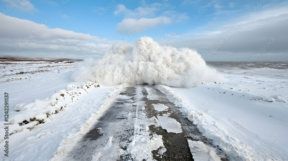Winter coastal road, wave crashing, snow, sea Winter coastal road, wave crashing, snow, sea
