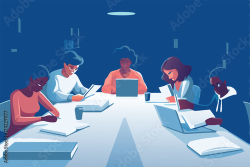 Diverse students collaboratively studying, engaging in lively discussion, showcasing teamwork and academic collaboration.