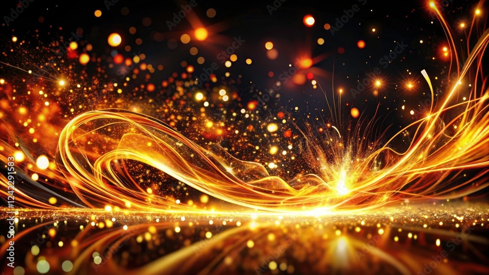 Fototapeta premium Futuristic Abstract Motion of Fire Sparkles Particles Over Black Background for Art, Events, Celebration, Holiday, and Fashion Textures