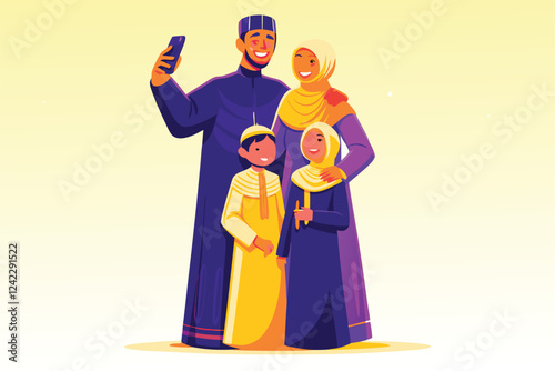A vibrant family portrait showcasing joyful expressions, wearing traditional Indian attire, posed against a colorful backdrop.