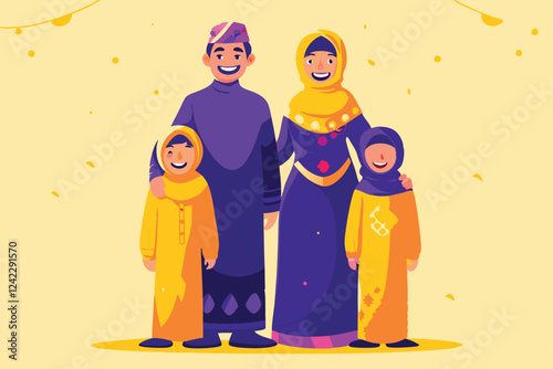 A vibrant family portrait showcasing joyful expressions, dressed in traditional Indonesian batik clothing, posing against a lush tropical backdrop.